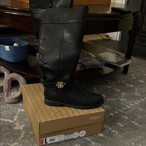Black Knee-High Leather Riding Boots with Gold Buckle